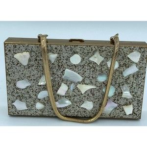 Vintage Mid-Century Gold Tone Compact Cigarette Lipstick Purse Chain Mirror